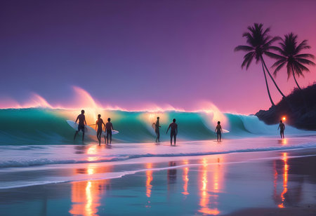 Surfers with surfboards on the beach at sunset in Hawaiiの素材