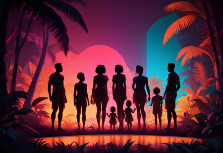 Family in the jungle at sunset. Vector illustration. Eps 10.の素材