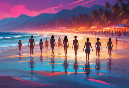 Women on the beach at sunset, 3d rendering. Computer digital drawing.の素材