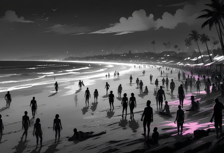 Silhouettes of people walking on the beach at night time.の素材