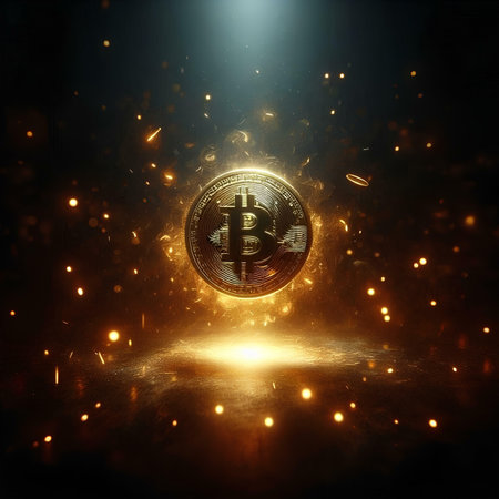 Bitcoin cryptocurrency with golden lights and smoke on dark background. 3D renderingの素材