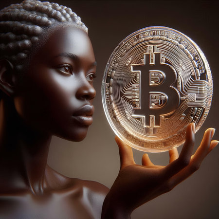 Golden bitcoin in the hands of a black woman. Cryptocurrency concept.の素材