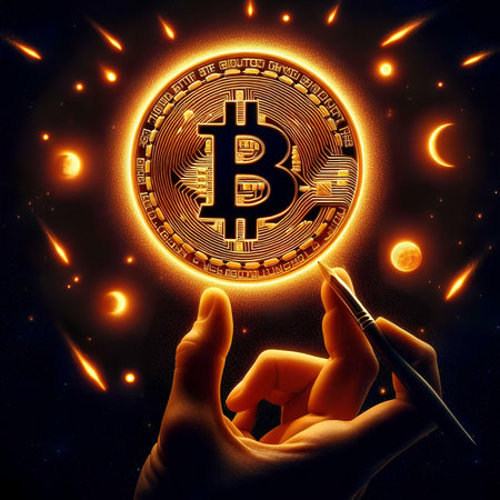 Bitcoin in the hand on a dark background. Cryptocurrency concept.の素材