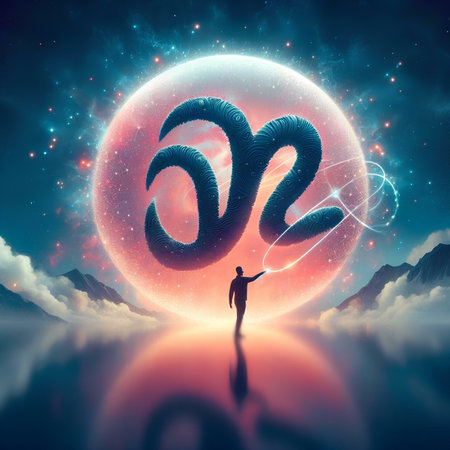 Surreal image of a man standing in front of an infinity signの素材