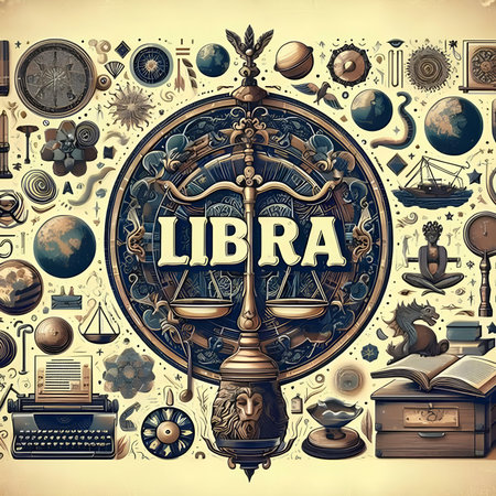 Vintage style illustration of the word libra on the background of the mechanism of the universe.の素材