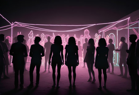 Silhouettes of a group of young people on the background of neon lightsの素材