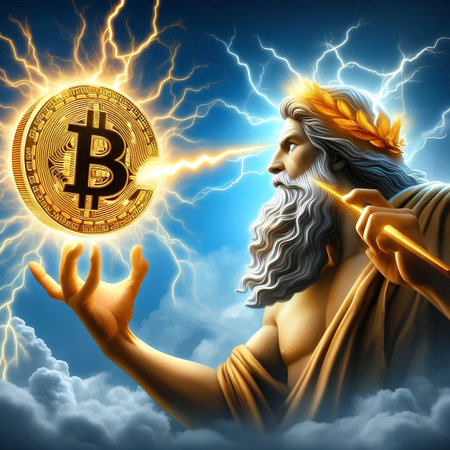 Golden bitcoin with the image of the Virgin Mary and lightning. The concept of bitcoin mining.の素材