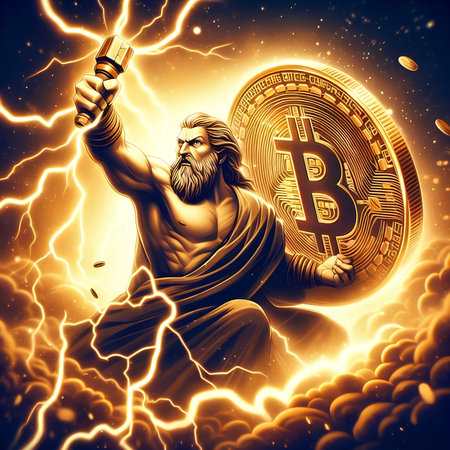 Golden bitcoin with the image of Jesus Christ on a dark background.の素材