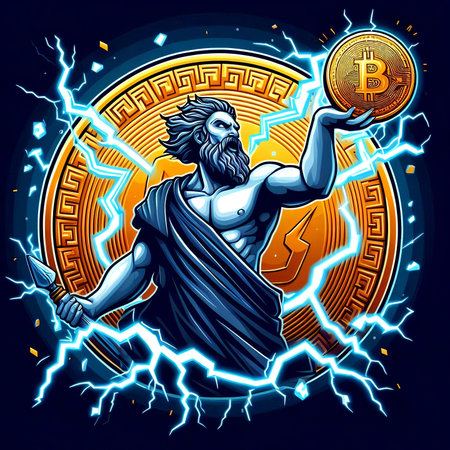 Bitcoin cryptocurrency coin with a statue of Jesus Christ on a lightning background.の素材