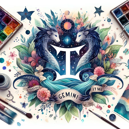 Watercolor painting with unicorn, dragon and floral elements on white backgroundの素材