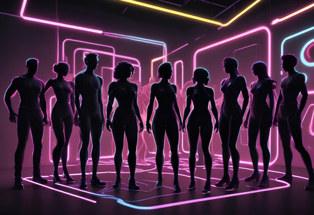 3D rendering of a group of people in front of a neon backgroundの素材