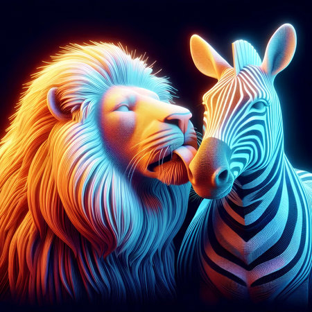 Portrait of a lion and zebra in the style of pop art.の素材