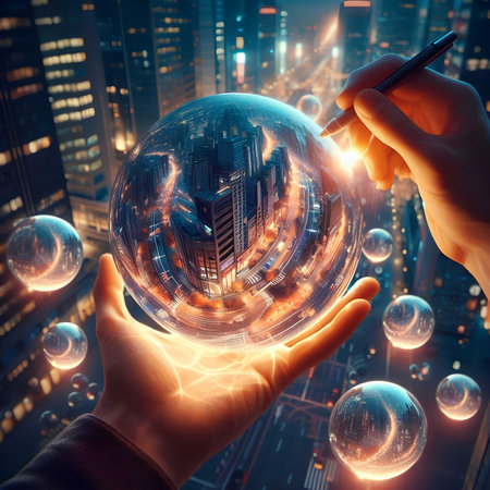 Close up image of human hand drawing with stylus on glass globeの素材