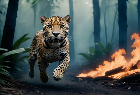 Jaguar running in the jungle with fire in the background.の素材