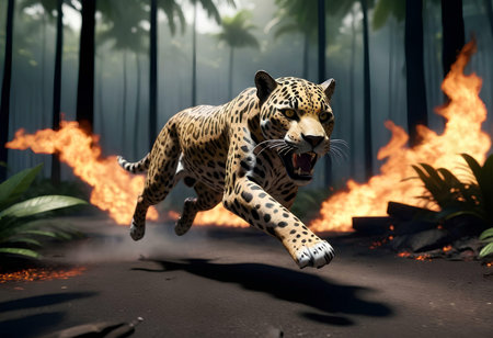 3D rendering of a leopard jumping over a fire in the jungleの素材