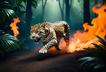 Jaguar running in the jungle with fire. 3d renderingの素材