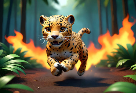 Jaguar running in the jungle with fire background. 3d illustrationの素材