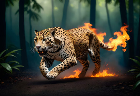 Jaguar running in the jungle with fire on the background.の素材