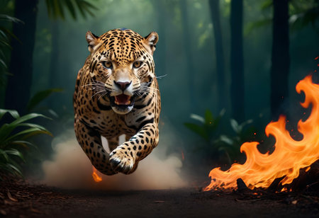 Jaguar running in the jungle with fire in the background.の素材