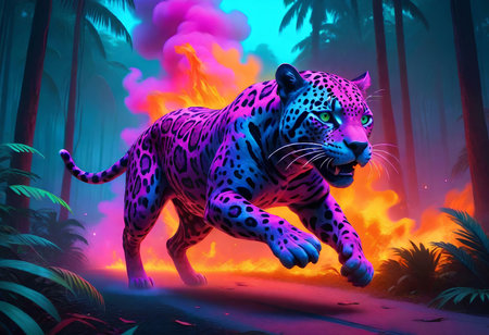 Jaguar running in the jungle with fire effect. Vector illustration.の素材