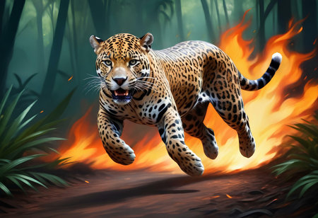 Jaguar running on fire in the jungle. 3D renderingの素材