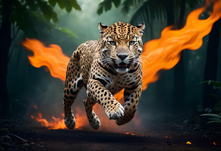 Jaguar running in the forest with fire on the background.の素材
