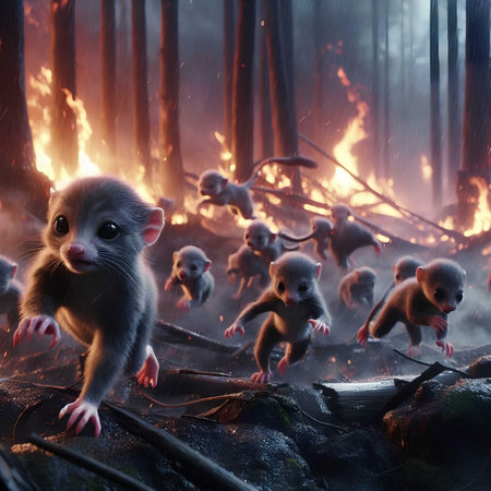 3d rendering of a little mouse in the forest during a fireの素材