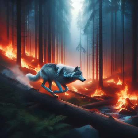 Illustration of a wolf coming out of a fire in a forestの素材