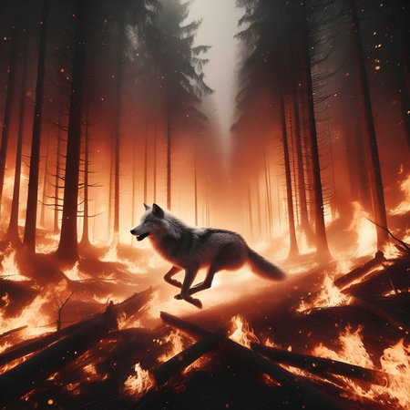 Forest fire with a wolf in the foreground. 3D illustration.の素材