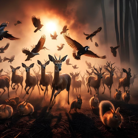 Deer in the forest with a flock of birds. 3d renderの素材