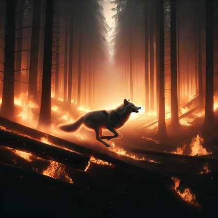 A wolf running in the forest with a fire in the background.の素材