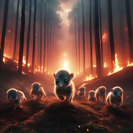 3D rendering of a little mouse in a forest with fire in the backgroundの素材
