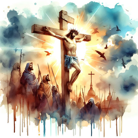 Crucifixion of Jesus Christ on the cross. Watercolor illustrationの素材