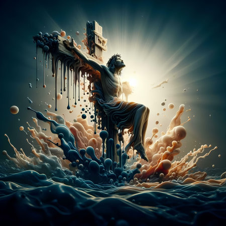 Jesus Christ on the cross in stormy water. 3D renderingの素材
