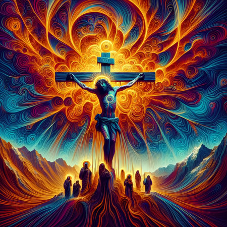 Crucifixion of Jesus Christ. Colorful abstract background.の素材