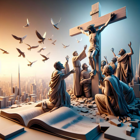 Crucifixion of Jesus Christ and the flock of pigeonsの素材