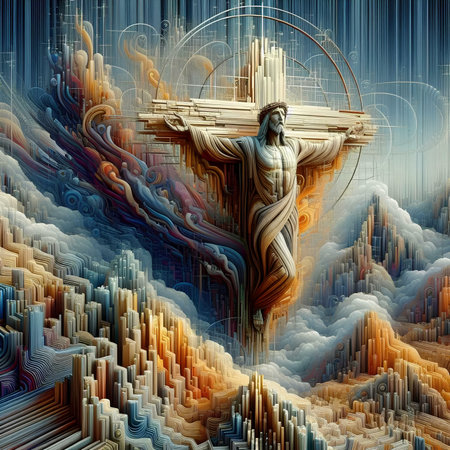 Jesus Christ crucified on the cross with abstract background. 3d illustrationの素材