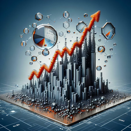 Futuristic business chart with graphs and charts, 3d renderingの素材