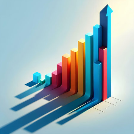 Colorful bar graph on blue background. 3d render illustration.の素材