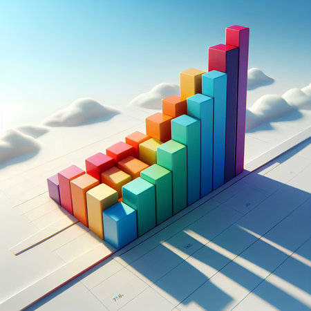3d illustration of bar chart over blue sky background with clouds.の素材