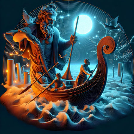 Fantasy illustration of a gondola with two wise men.の素材