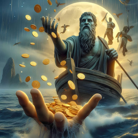 Fantasy landscape with the sea, the moon and the god of wealthの素材