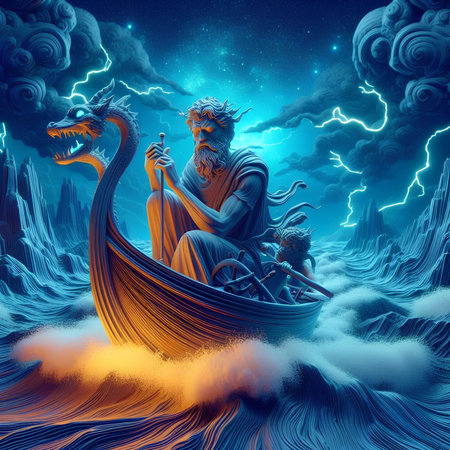Goddess with dragon in the stormy sea. 3D renderingの素材