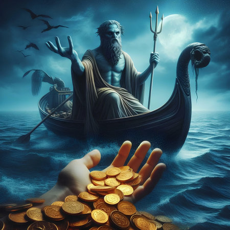 Fantasy illustration with gondola, human hand and gold coinsの素材