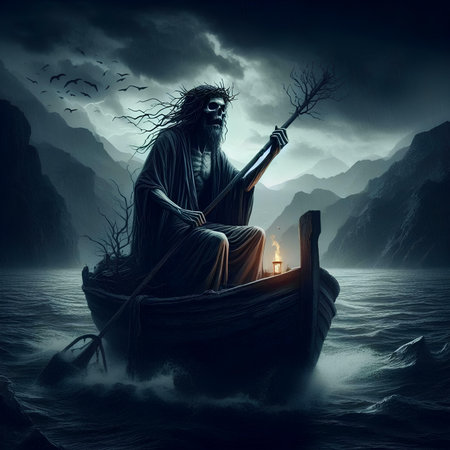 Mysterious man in a boat with a burning candle in his handの素材