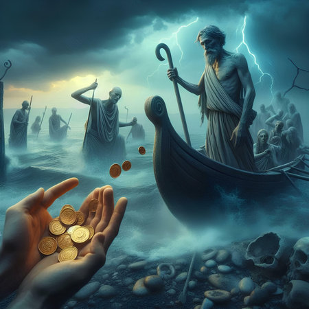 Fantasy scene with ancient Greek god, old ship and golden coinsの素材