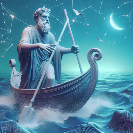 3d illustration of a statue of the Greek god Apollo in a boatの素材