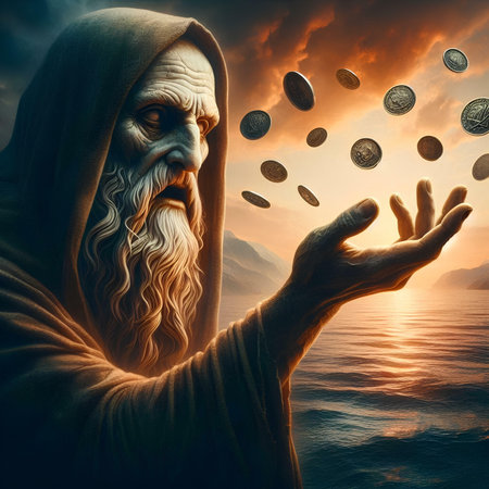 Jesus Christ with coins on the sea background. 3d illustration.の素材
