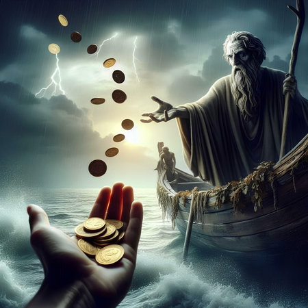 Conceptual image with Jesus Christ on the boat and falling coinsの素材