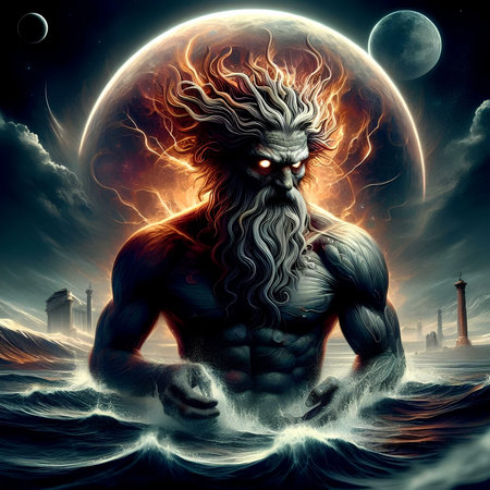 Fantasy illustration of a man in a stormy sea with a lighthouse.の素材